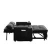 A 142 cm wide 3-in-1 sofa bed with reclining function, seat and back cushions soft as clouds, two lumbar cushions, a shelf and a cup holder