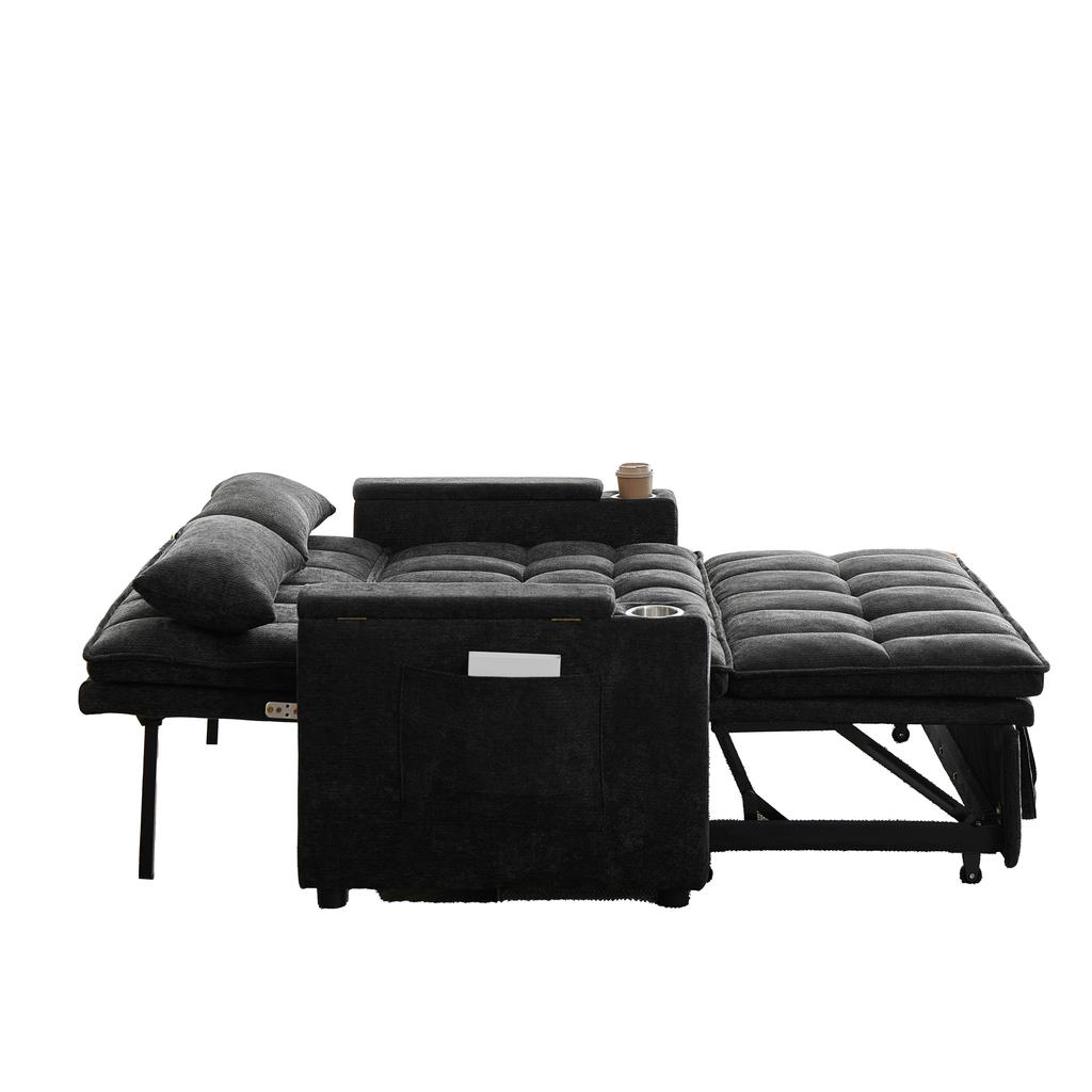 A 142 cm wide 3-in-1 sofa bed with reclining function, seat and back cushions soft as clouds, two lumbar cushions, a shelf and a cup holder