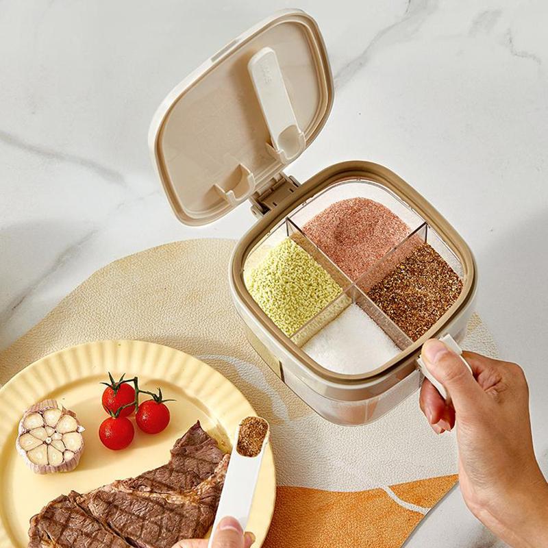 Seasoning Box With Lid And Spoon, 4 Compartment Spice Pots With Handle, Home Kitchen Condiment Jars For Sugar Salt Pepper