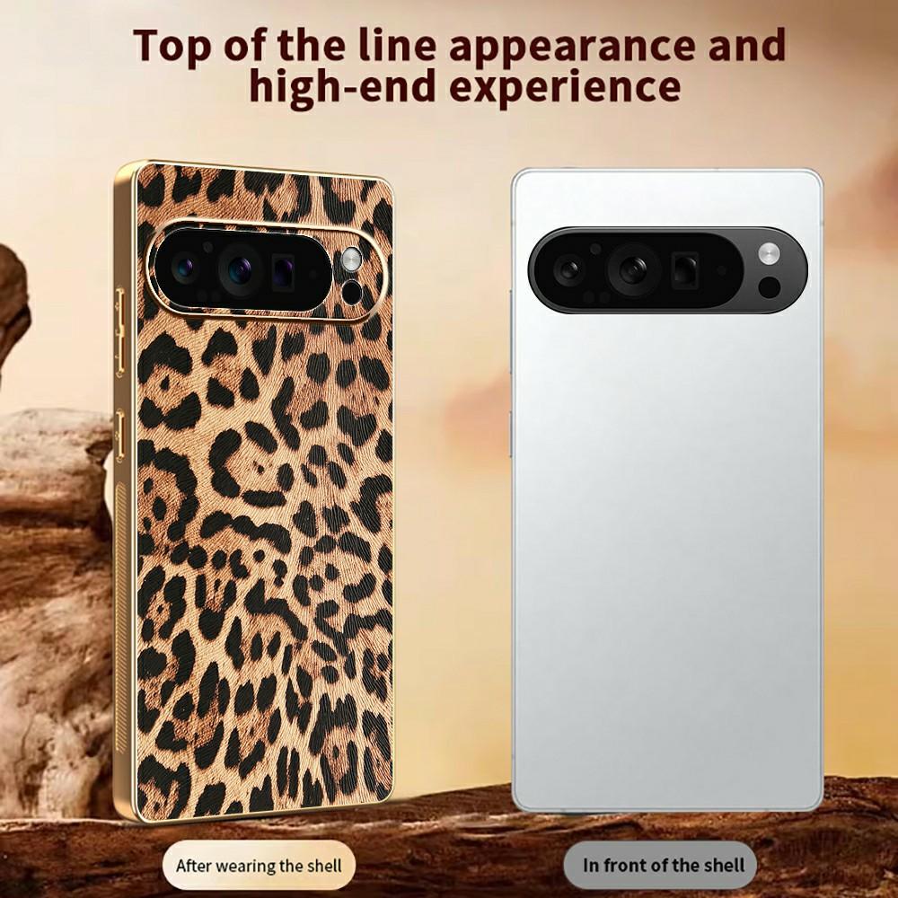 For Google Pixel 9 Pro Case Leopard Print PU Leather Coated PC+TPU Electroplating Phone Cover