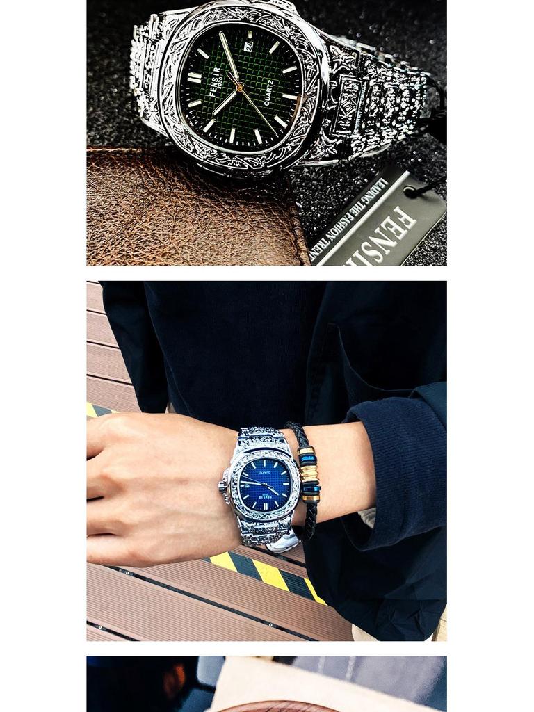 FENSIR Engraved Mesh Men's Retro Calendar Quartz Watch In European and American Style
