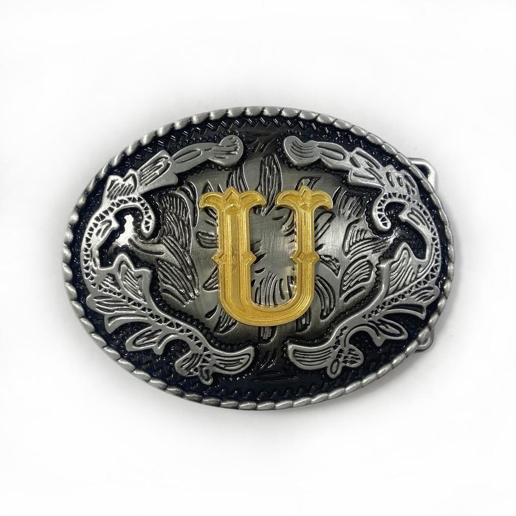 Western Cowboy Ethnic-Style Oval Belt Buckle - English Letters & Tang Grass Pattern Alloy