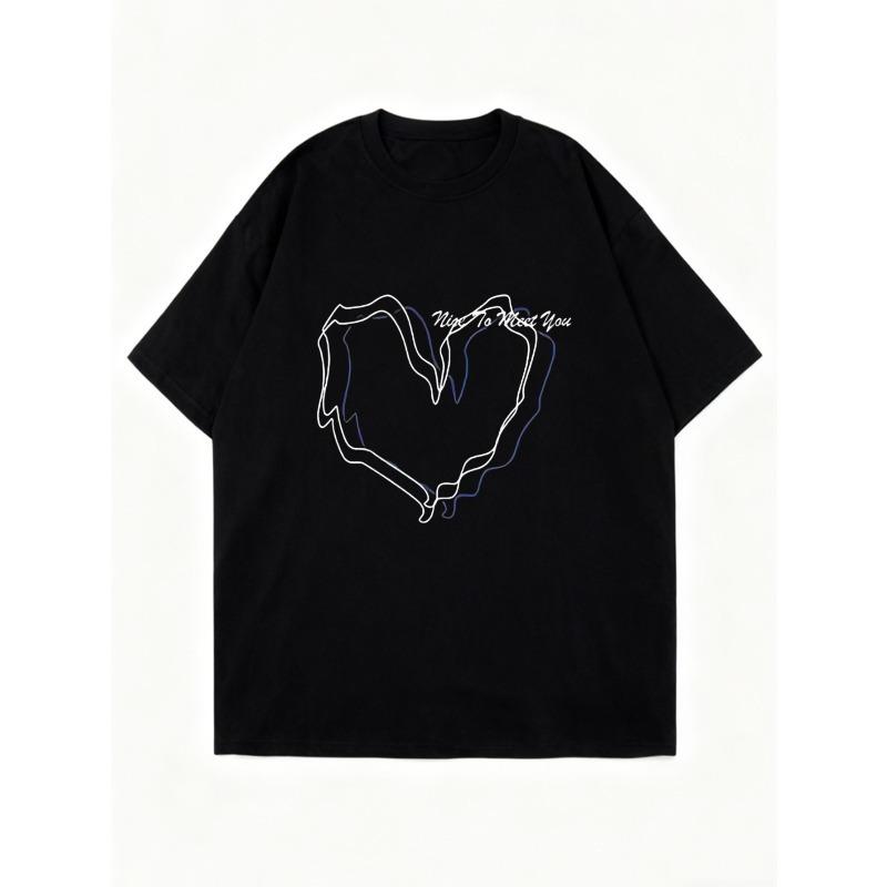 Oversized T Shirt Black Heart Outline With Nice To Meet You Text Casual Streetwear For Women