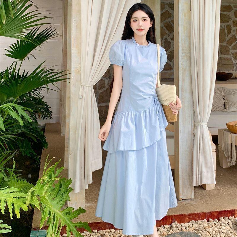 Summer new college style short-sleeved dress fashionable women's clothing French waist thin cake dress sweet long skirt