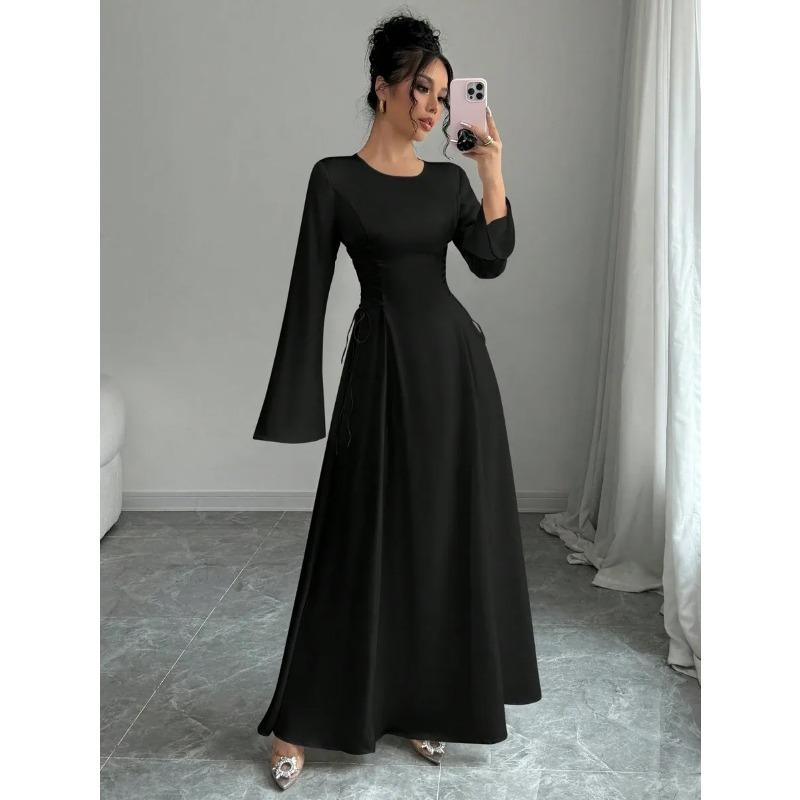 Abito Lungo Satinato Elegante da Donna a Linea A con Maniche Lunghe e Vita Regolabile