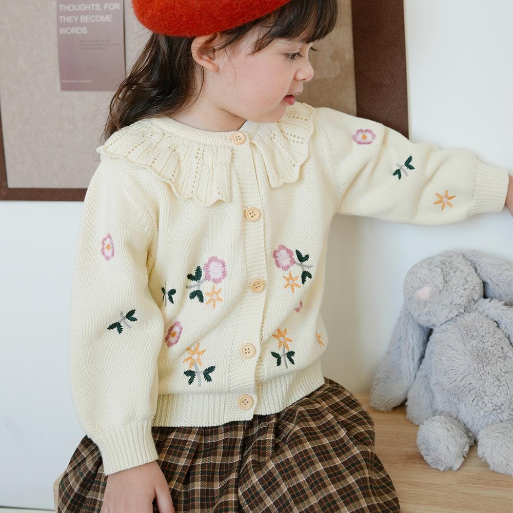 Korean Style Spring and Autumn Lapel Knitted Cardigan for Small and Medium-sized Children, Girls, Embroidery, Children's Sweater Jacket