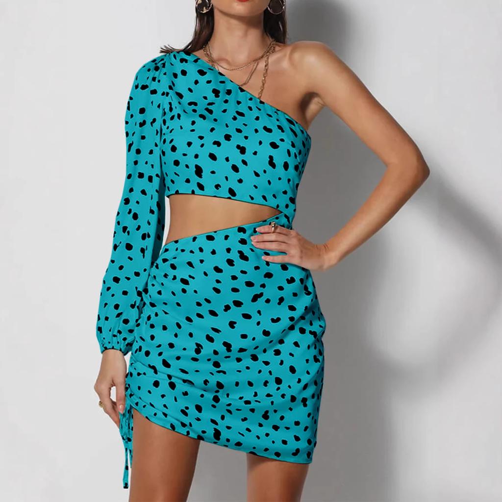 Hottie Sexy Slanted Shoulder Single Sleeve Leopard Print Waist Hollow Fashion Hip Dress
