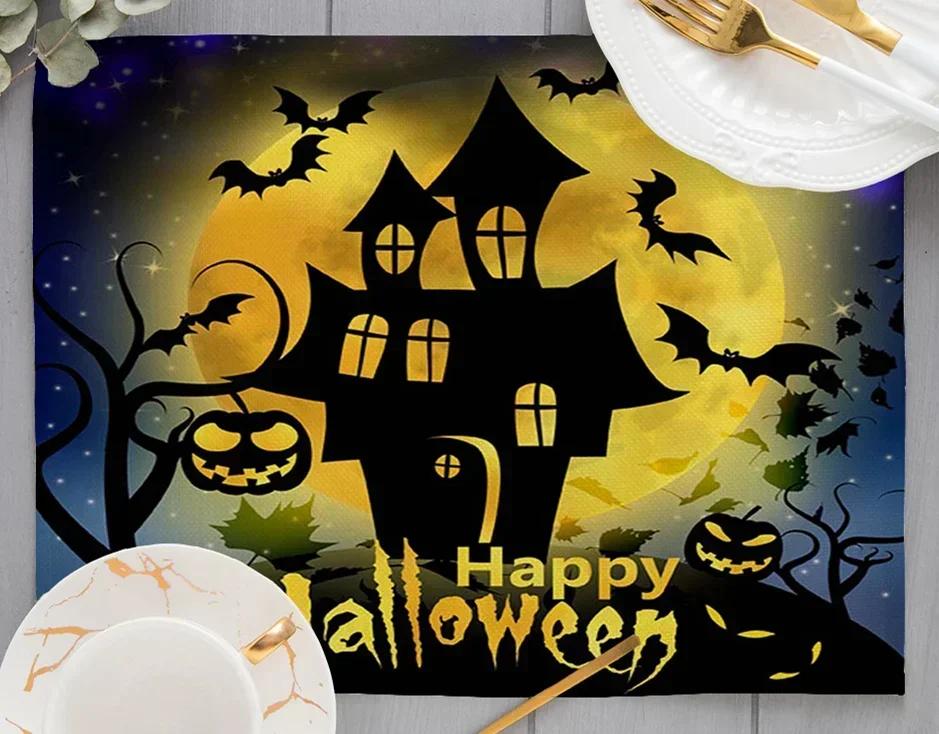 

6PC Halloween Plaid Linen Dining Tables Mat Heat Resistant Placemat For Table Drink Cup Coaster Home Kitchen Accessories 6PC 30x45CM