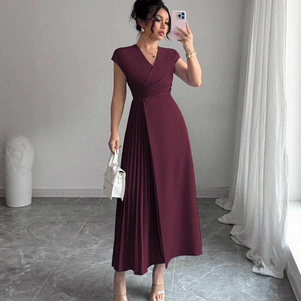 Robe décontractée slim plissée à col en V été 2025 pour femmes, style européen et américain - Nouvelle mode, tempérament