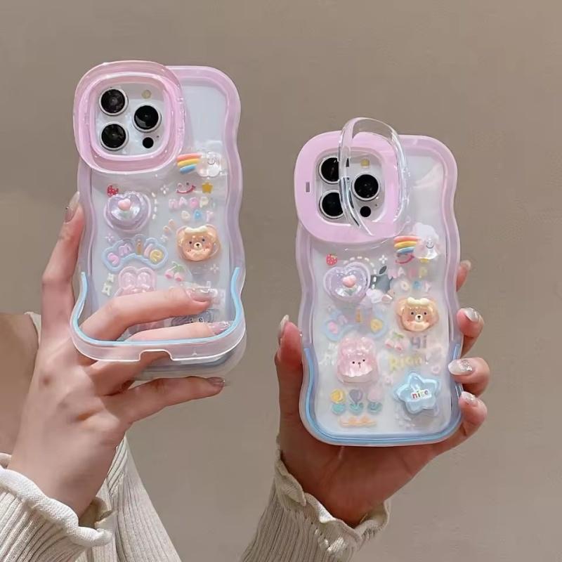 Cartoon 3D Bracket Phone Holder Case For IPhone 16 15 14 13 12 11 Pro Max Plus X XS XR Rainbow Love Heart Holder Stand Cover