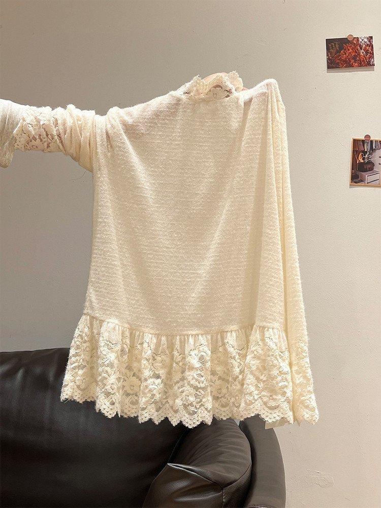 Xiaoxiangfeng lace hem stacked top women s clothing autumn and winter Korean semi-turtleneck long-sleeved bottoming shirt S абрикосовый