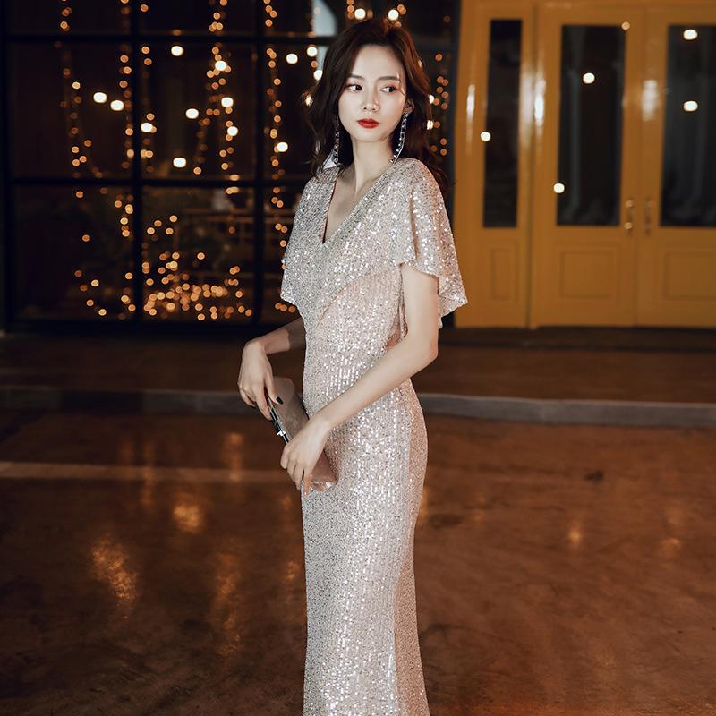 Fishtail Evening Dress Women's 1011 New Slim and Thin Temperament Celebrity Sequins Long Banquet Host Dress Skirt
