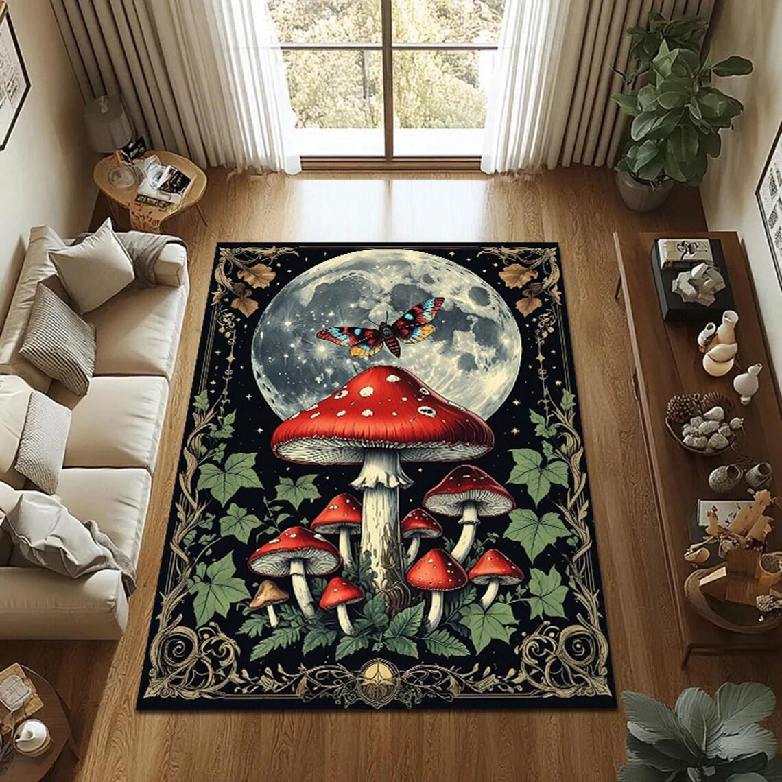 

Mystical Mushroom Rug,Full Moon Forest Carpet, Gothic Nature Decor with Butterfly & Red Toadstools, Fairycore Living Room Mat 40x60CM