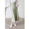 Qooth Women Solid Color Acetate Satin Bodycon Skirt Calf Length Elegant High Waist Shiny Skirt For Spring Summer QT2062