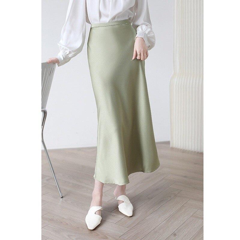Qooth Women Solid Color Acetate Satin Bodycon Skirt Calf Length Elegant High Waist Shiny Skirt For Spring Summer QT2062