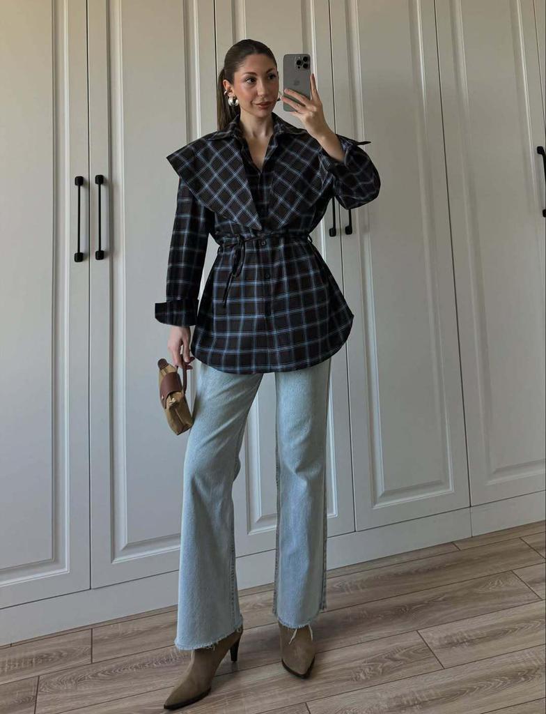 Ensemble chemise à carreaux et châle pour femmes européennes et américaines 2026: Mode Trois-en-un à Manches Longues avec Taille à Nouer.