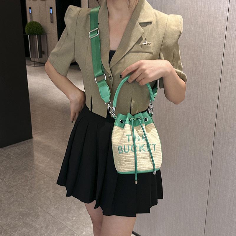 Schoolbag Women's Khaki Bag Winter New Personalized Letter Embroidery Thread Weaving Contrasting Color Bucket Bag Shoulder Messenger Bag