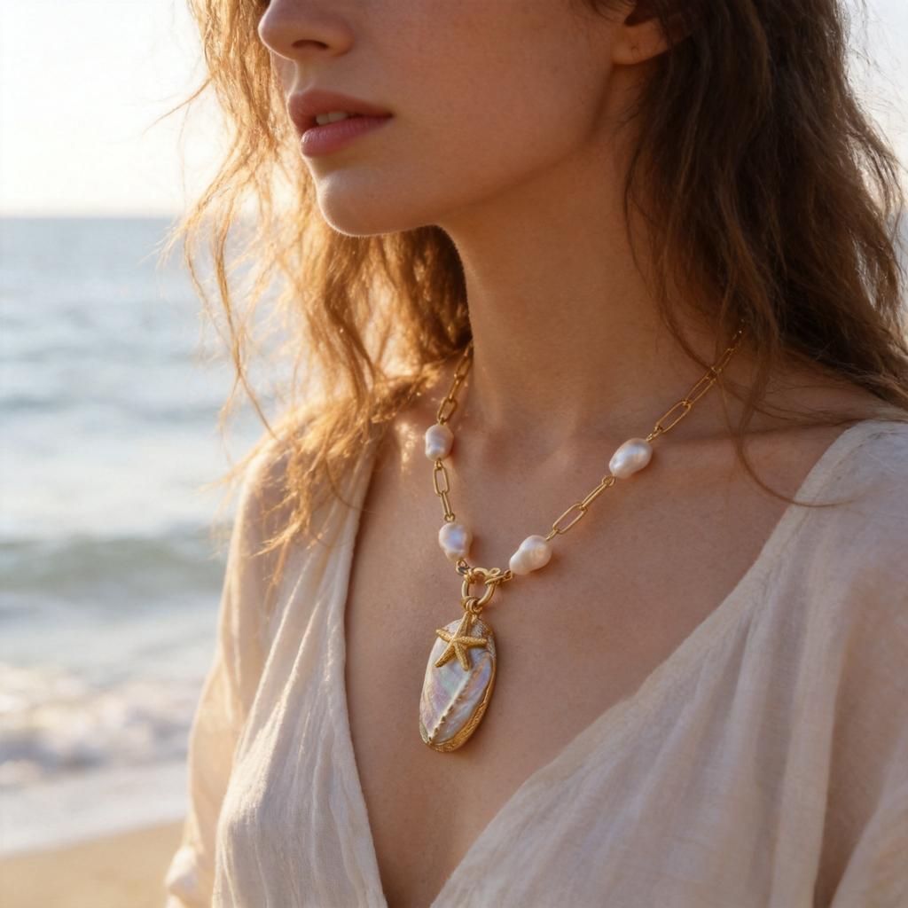 Exaggerated Abalone Shell Pendant Necklace for Women Shell Starfish Necklaces Fashion Imitation Pearl Bead Chain Jewelry Gift