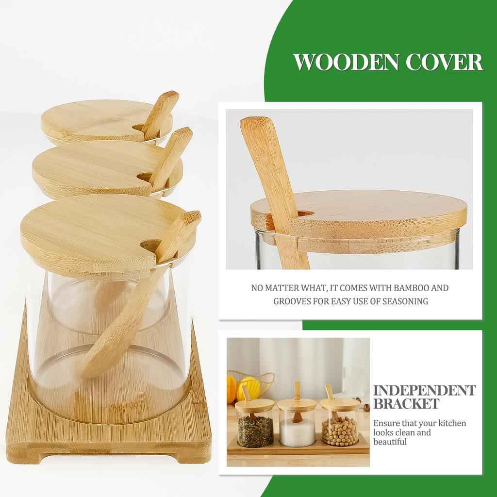 Kitchen Glass Condiment Jar Set Wood Lid with Tray Spoon Clear Spice Salt Container Dust-Proof Coffee Beans Organizer Bottle