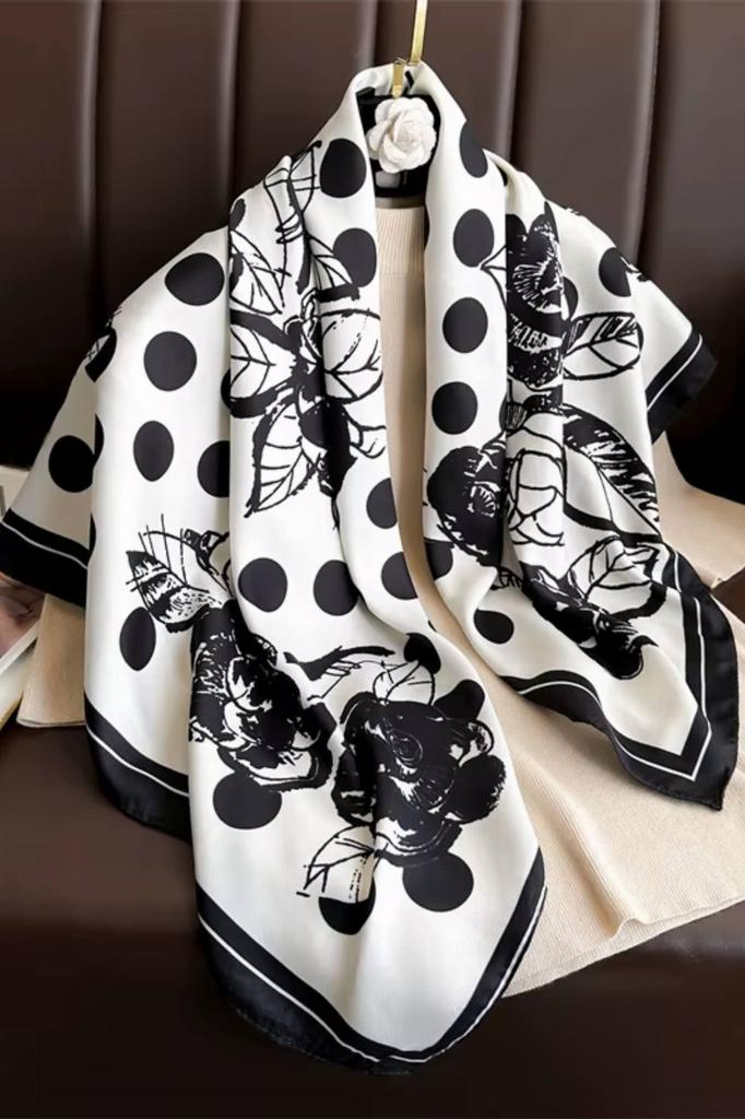 White Scarf 90x90 with Black Polka Dots and Flowers - Elegance in Contrast Style