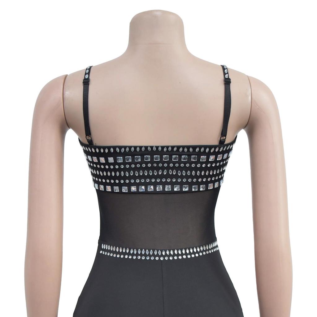 C6989 European & American Fashion Women's Rhinestone Mesh Long Dress