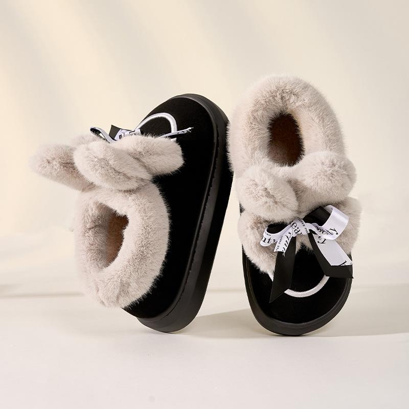 2025 new winter bag heel cotton slippers women's bow leather fleece confinement shoes thickened indoor home plush cotton shoes