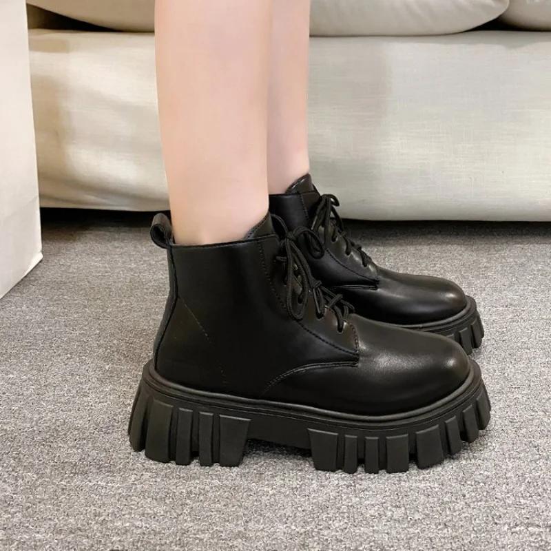 Botas De Motocicleta Con Plataforma Para Mujer, Botines Con Cordones, Tacón Grueso, Hebilla De Cinturón, Bolsillo