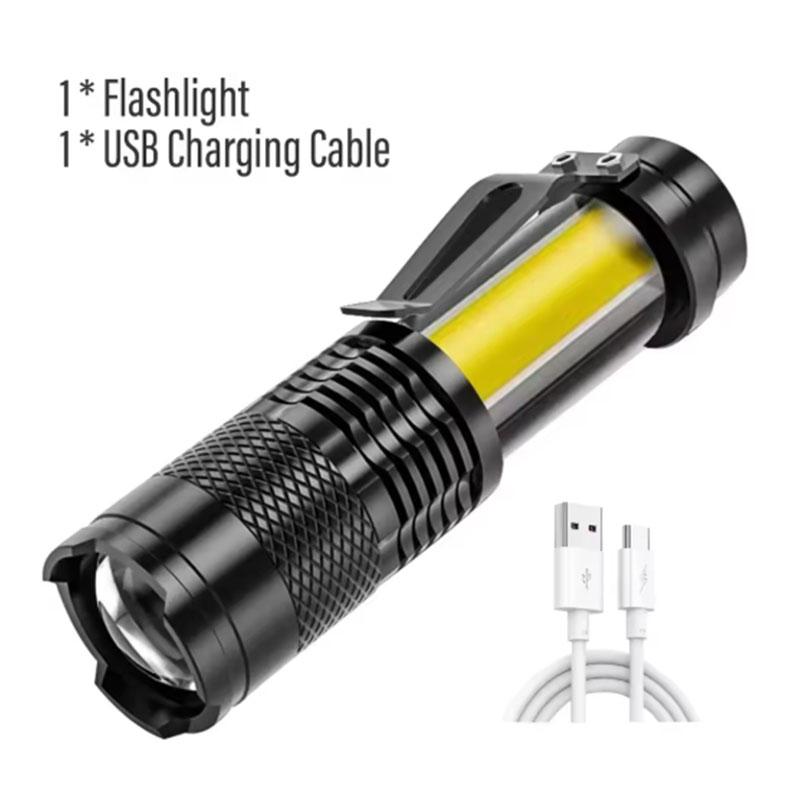Portable LED Flashlight with Zoom Function USB Rechargeable, COB+XPE Light, Waterproof Outdoor Torch for Camping, Emergency, Hiking