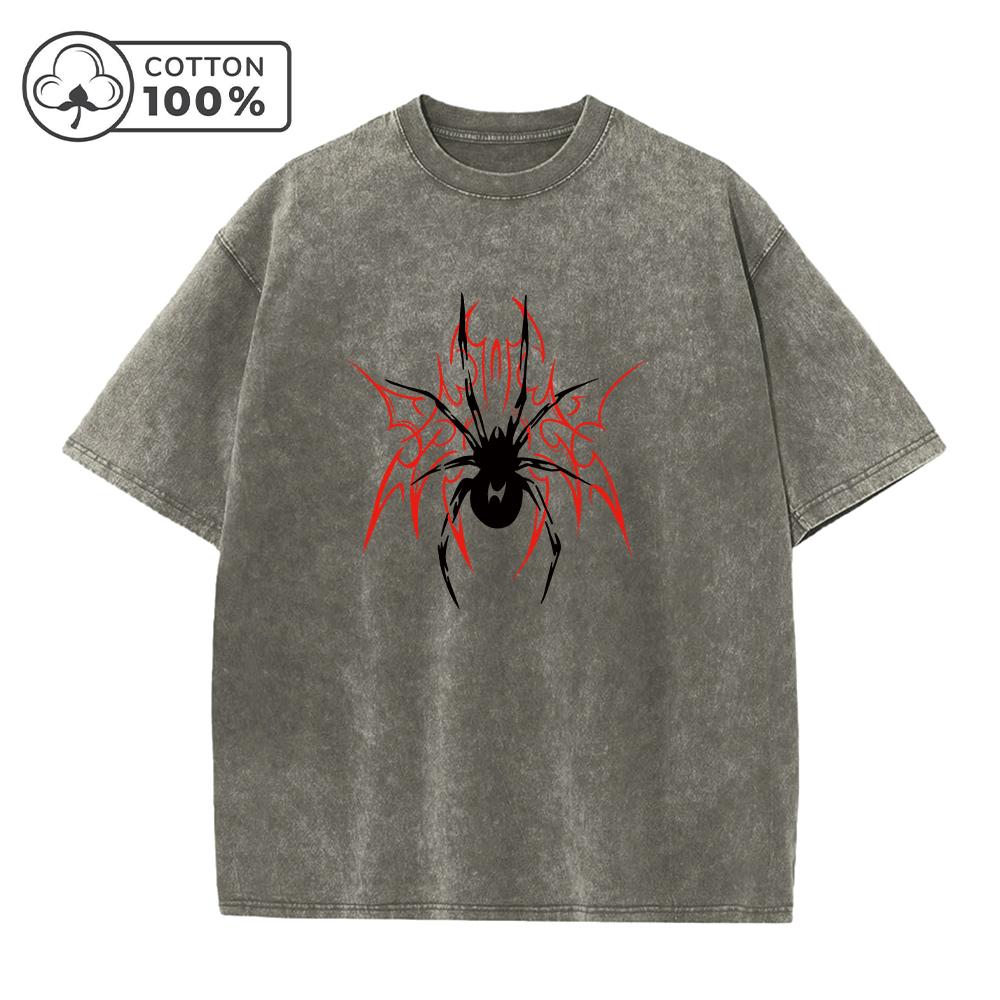 Mens Casual Washed TShirt Trendy And Stylish Pure Cotton Short Sleeve Unique Spider Print Summer Everyday Commute Top