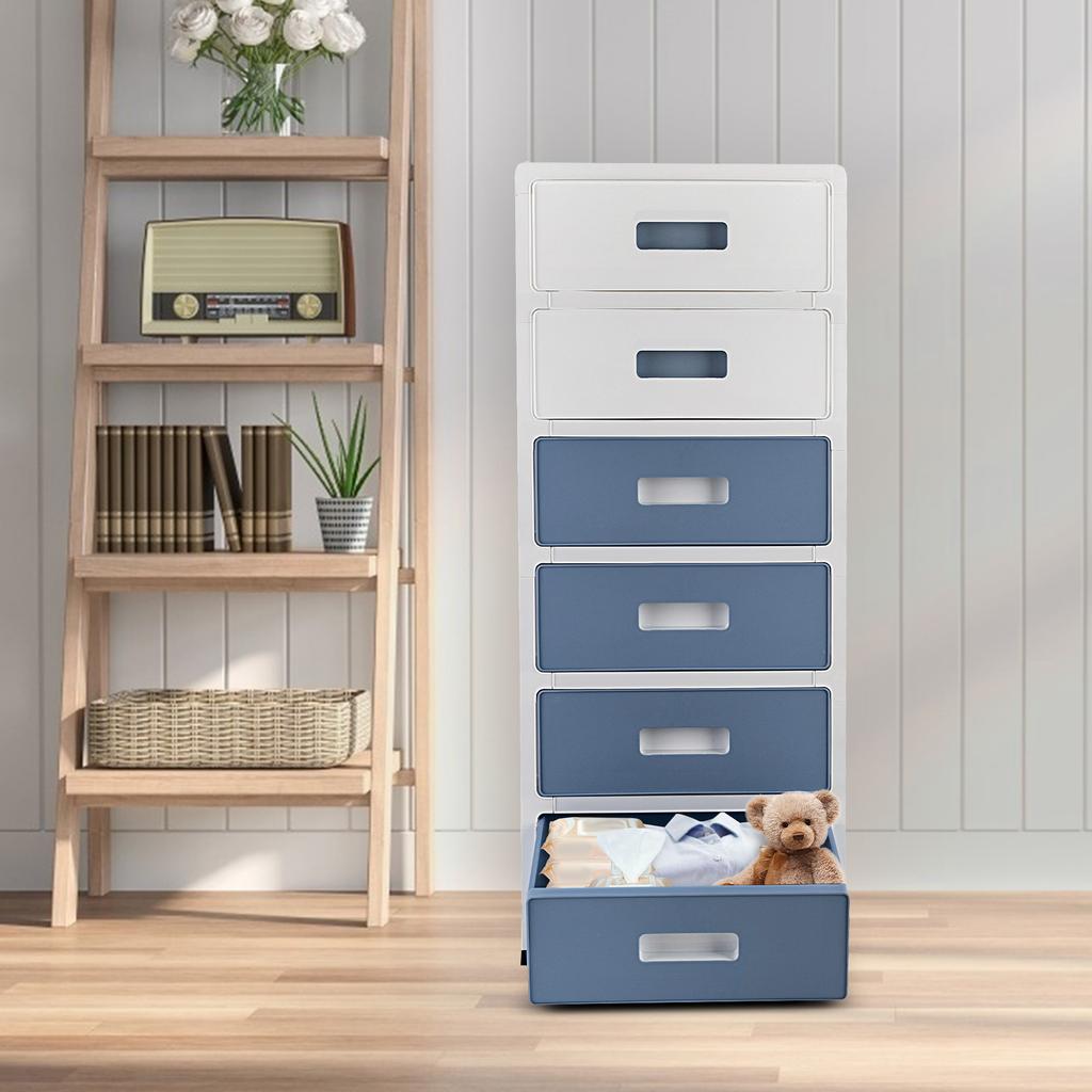 6 Drawer Chest Storage Cabinets Office Drawer Plastic Stacking 6-Drawer Storage Organizer for Office Home White & Blue