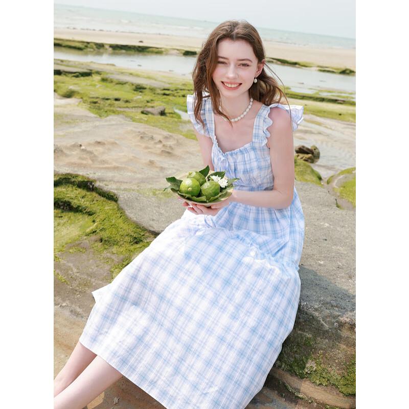 Sancai Women's Square Neck Plaid A-Line Maxi Dress