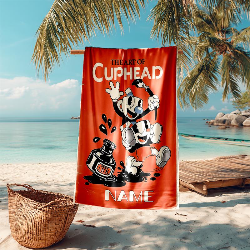 Personalized customized proof beach towel with Cuphead pattern - soft, absorbent, quick-drying, perfect swimming, camping&bathing