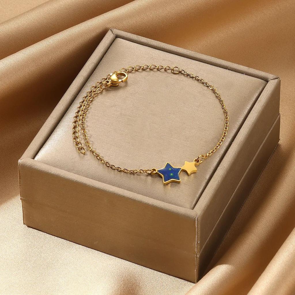 Stainless Steel Blue Star Bracelet For Women Girls Gold Color Double Stars Chain Bracelets Femme Cpuple Charming Elegant Jewelry