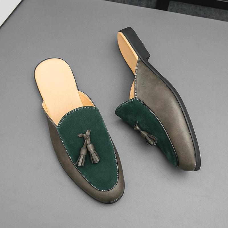 Men Summer Leather Mule Slides Breathable Open-Back Loafers for Casual Wear Anti-Slip Comfortable Slip-On Shoe with Toe Coverage