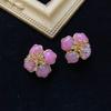 Vintage Pink Stone 925 Silver Flower Ear Studs with Diamond Inlay for Women