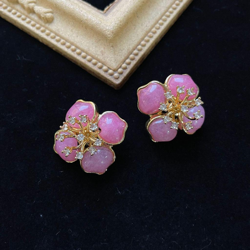 Vintage Pink Stone 925 Silver Flower Ear Studs with Diamond Inlay for Women