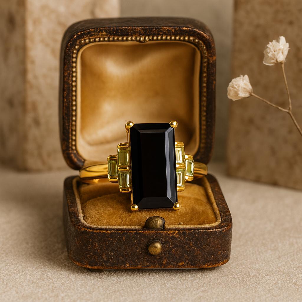 Wedding Engagement Anniversary Promise Gift – Natural Black Onyx and Real Peridot Ring, Vintage Art Deco Yellow Gold Plated Handmade Jewelry