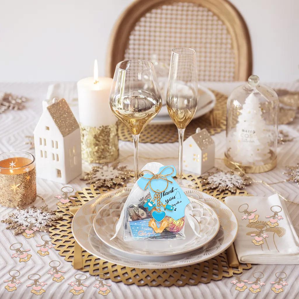 6/20Pcs Baby Foot Keychains Metal Keychain Set with Wrapping Sticker Drawstring Bag and Thank You Label For Baby Showers