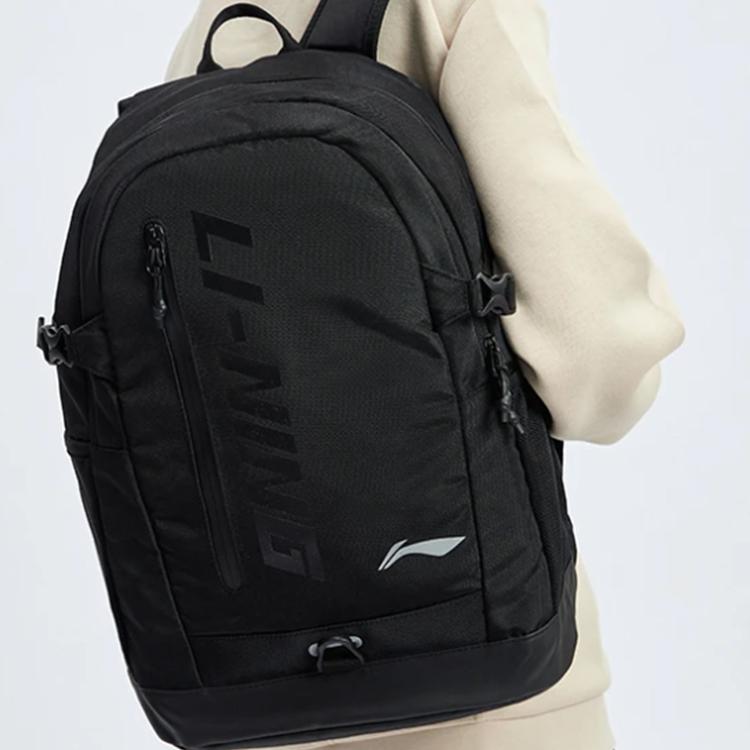 Li Ning Training Series Reflective Design Letter Print Logo Polyester Backpack Unisex Backpack Black ABSR096-1