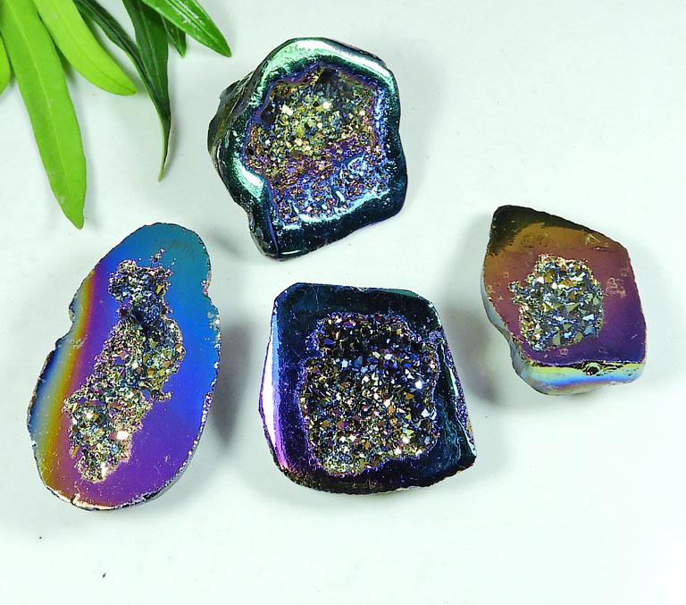 31-33 MM Rainbow Titanium Aura Agate Druzy Fancy Loose Gemstone 4 Pcs Lot SY-110