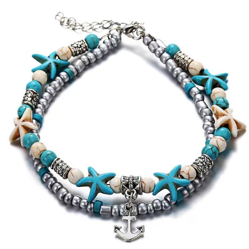Vintage Turquoise Starfish Turtle Foot Ornaments Beach Layer Beaded Hollow Double Anklet for women Valentine's Day Gift