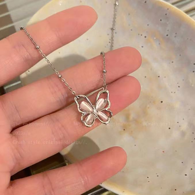 Strawberry Crystal Butterfly Necklace Women's Summer Sense Niche Design Collarbone Chain New Trendy Temperament Accessories