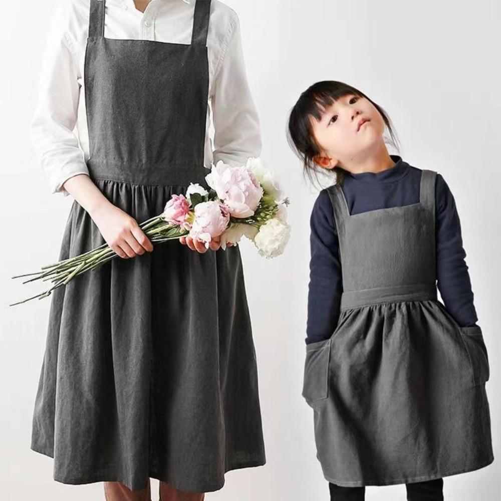 Kawaii Japanese Style Kids Apron Dress Solid Color Cotton Coffee Aprons Cross-back Soft Gardening Overalls for Painting Baking