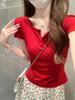 Red Spicy Girl Cropped Top: Summer 2026 Slimming & Flattering Half-Open Collar T-Shirt