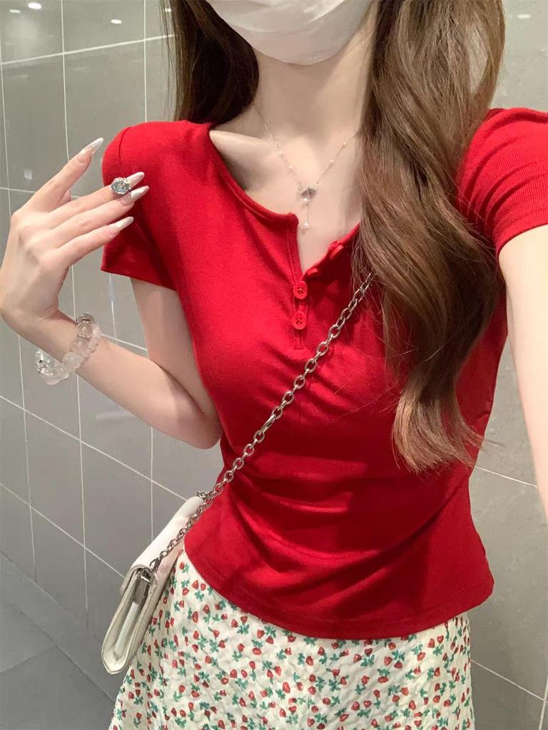 Red Spicy Girl Cropped Top: Summer 2026 Slimming & Flattering Half-Open Collar T-Shirt