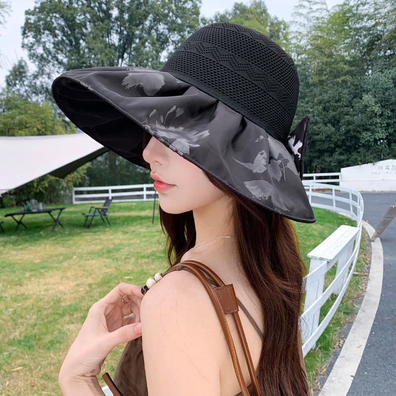 Spring and Summer Grid-like Breathable and Not Stuffy Hat Women's Large Brim Sunshade Sunscreen Hat Fashion Bow Sun Hat