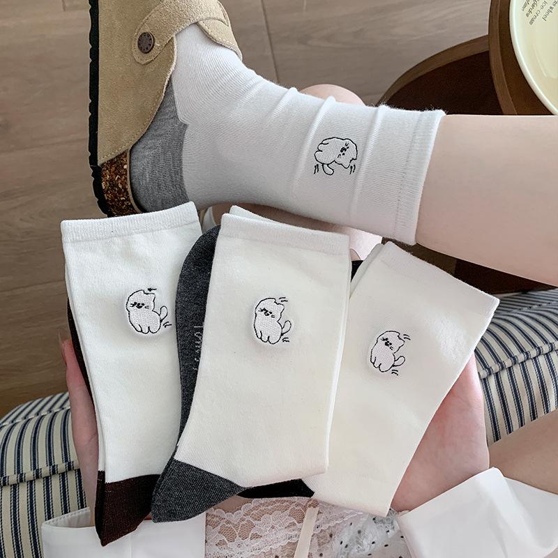 Cartoon Socks for Girls, Cute Autumn Embroidered Little Cat, Mid-calf Socks, Color-blocked School Style, Pile Socks, Boneless