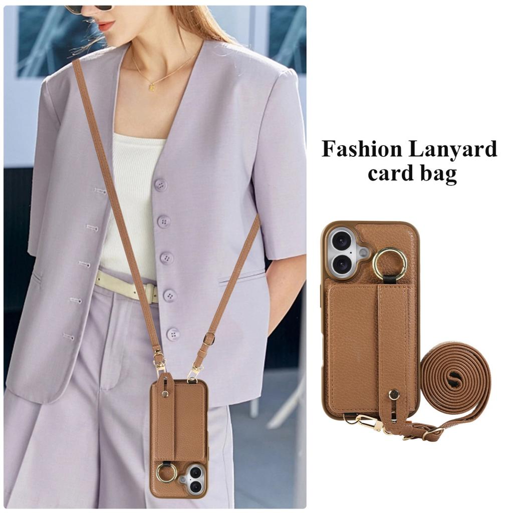 For iphone 16 15 14 Plus 16E Case PU Leather Wallet Bag Grip Strap Holder Neck Shoulder Long Crossbody Lanyard Ring Clasp Cover