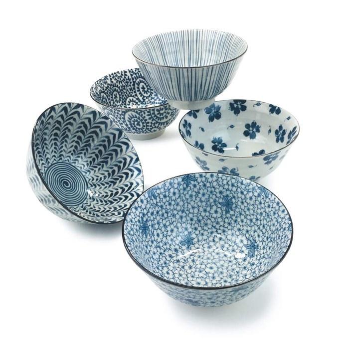 Mino Ware Chawan 5.0 Inch Rice Bowls 5-Pattern Set with Gift Box, Ceramic Mino Yaki, White, 5.1 X 2.6 Inches