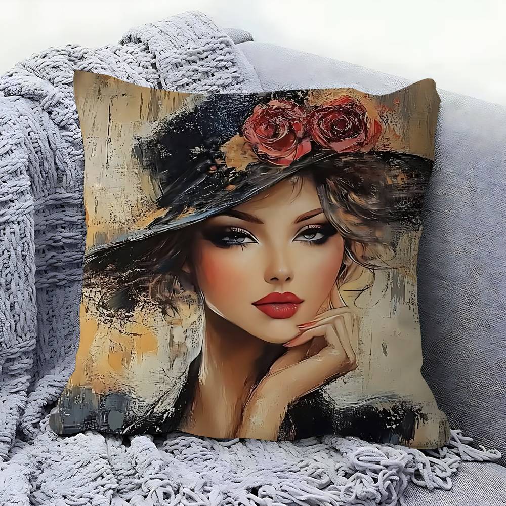 Woman And Flowers Art Oil Painting Personalized Picture Text Home Decorative Pillows Household Gifts 45x45cm